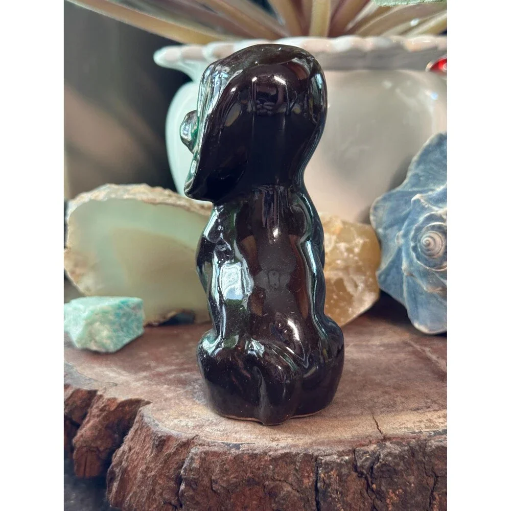 Vintage Brown Glazed Hound Dog Figurine Hand Painted Redware Pottery Folk Art Pu